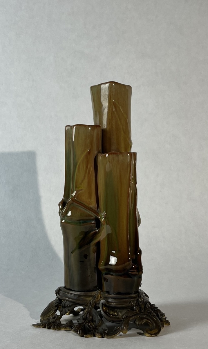 Vase soliflore triple bambous en céramique et bronze, circa 1870-photo-2