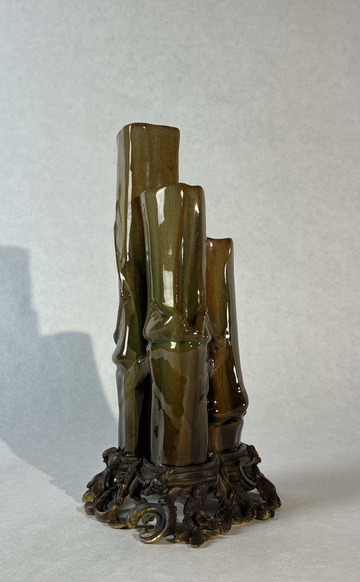 Vase soliflore triple bambous en céramique et bronze, circa 1870-photo-3
