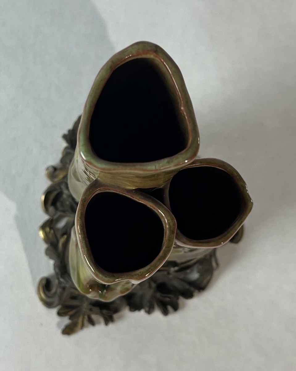 Vase soliflore triple bambous en céramique et bronze, circa 1870-photo-4