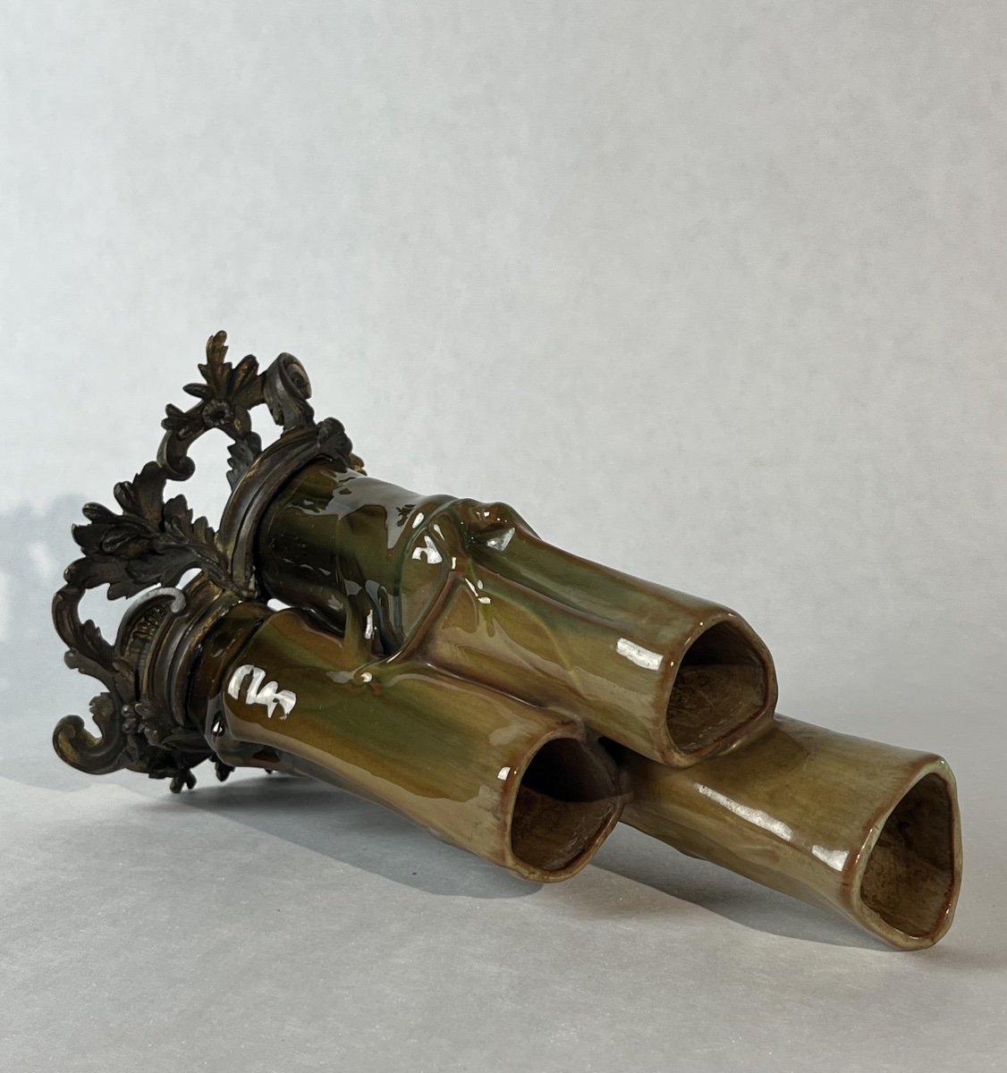 Vase soliflore triple bambous en céramique et bronze, circa 1870-photo-1