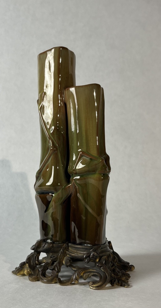 Vase soliflore triple bambous en céramique et bronze, circa 1870