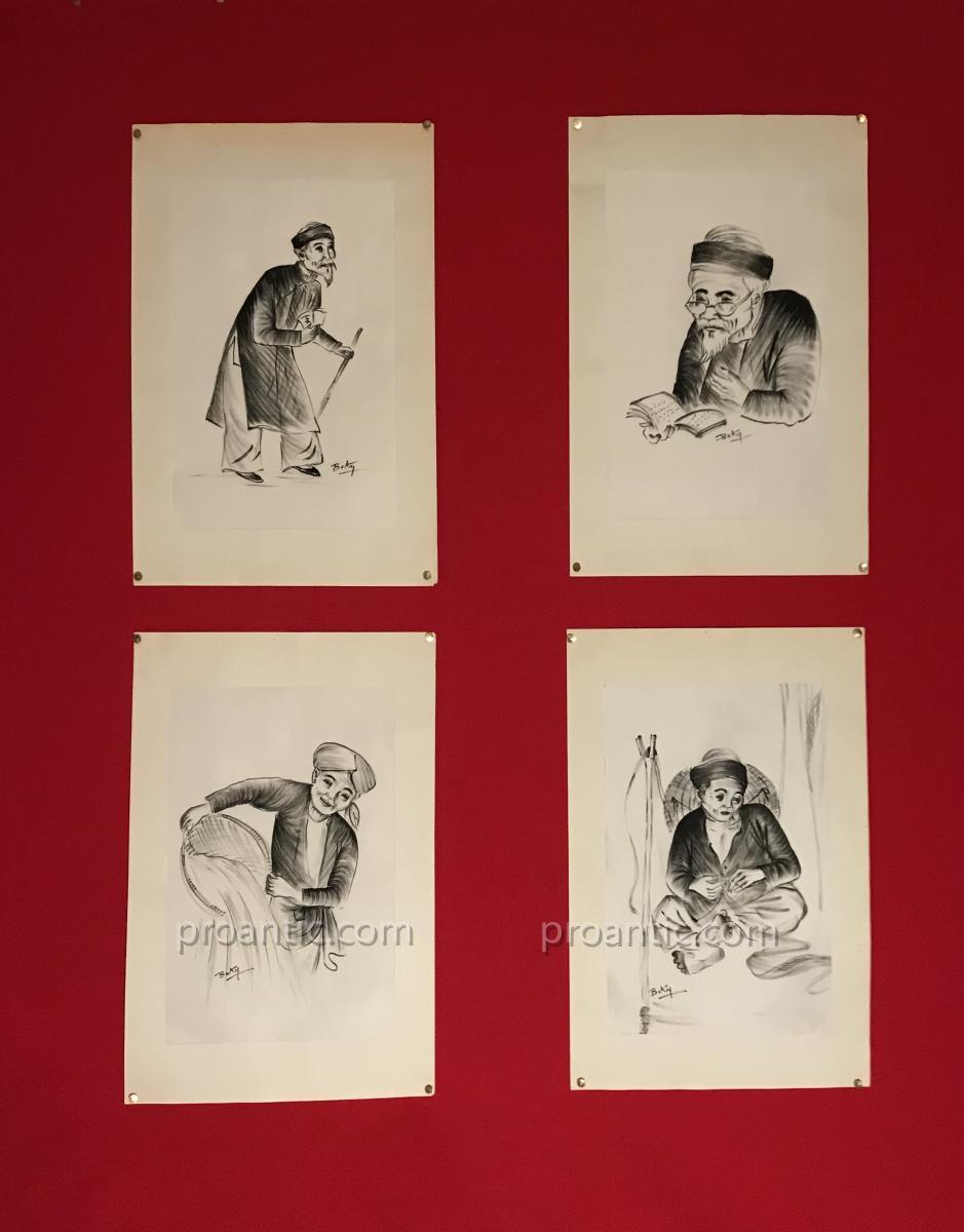 Suite Of Four Portraits In Chinese Ink On Silk, Vietnam Circa 1950, Signed Beky