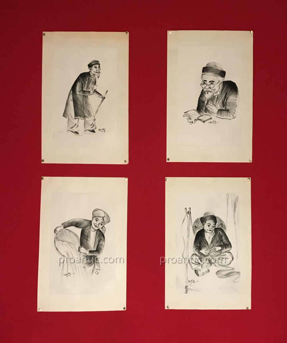 Suite Of Four Portraits In Chinese Ink On Silk, Vietnam Circa 1950, Signed Beky-photo-4