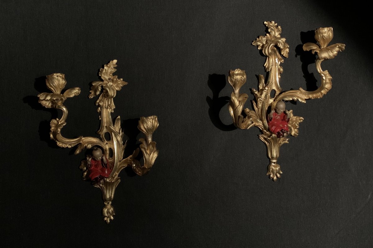 « Henri Vian 1858-1904 » Paire D’appliques Aux Chinois En Bronze Doré Et Polychromie Vers 1880-photo-2