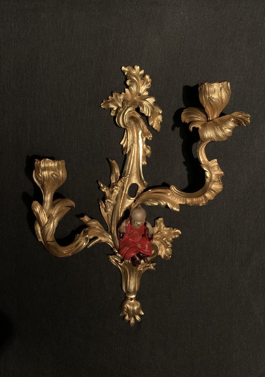 « Henri Vian 1858-1904 » Paire D’appliques Aux Chinois En Bronze Doré Et Polychromie Vers 1880-photo-3