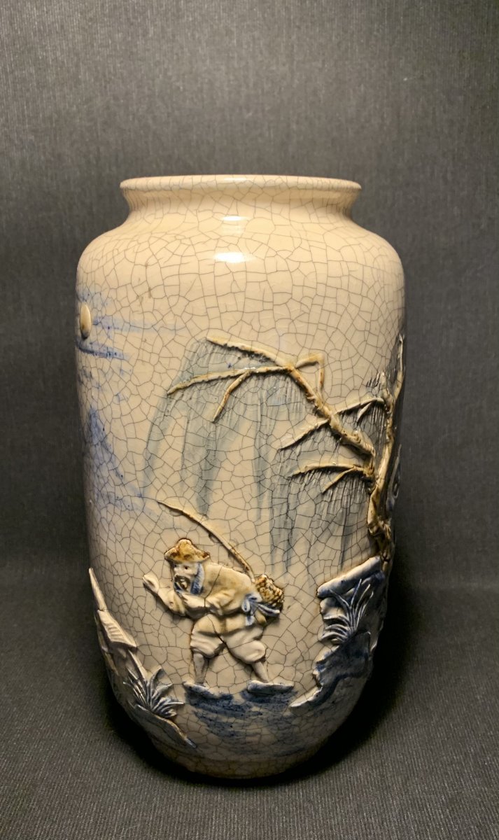 “bat Trang” Vase à Décor En Léger  Relief & Calligraphié, Vietnam XIXé Dynasties Des Nguyên-photo-2