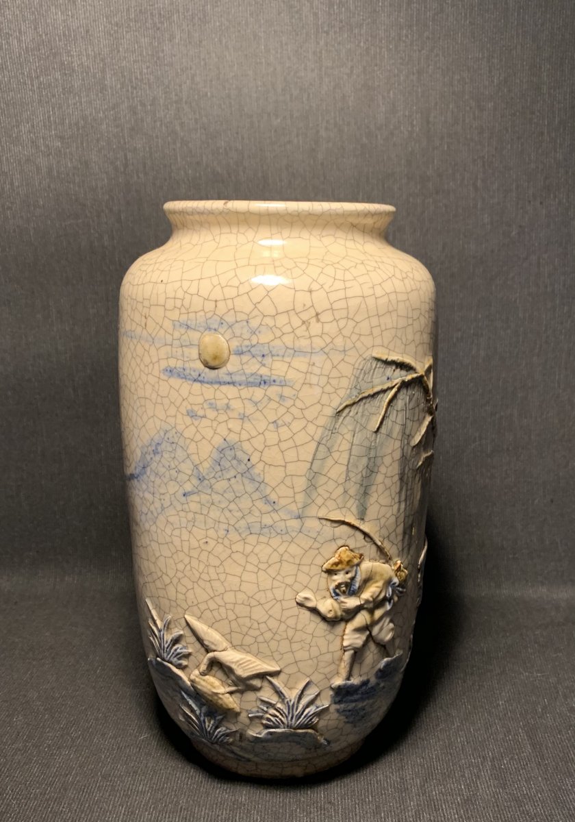 “bat Trang” Vase à Décor En Léger  Relief & Calligraphié, Vietnam XIXé Dynasties Des Nguyên-photo-1