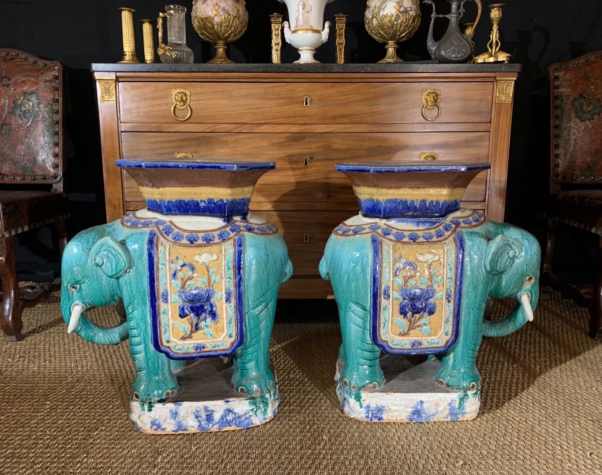 “Four De Bien-Hoa”  Paire D’éléphants En Céramique  Formant Sellette, Vietnam Vers 1920-photo-3