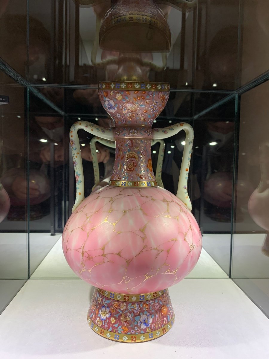 Rare Pair Of Jasper Opaline Vase, Lined And Enamelled, Manufacture Harrach Bohème Circa 1870-photo-3