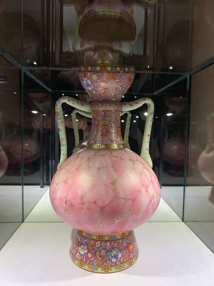 Rare Paire De Vase En Opaline Jaspé, Doublé Et émaillé, Manufacture Harrach Bohème Vers 1870-photo-3