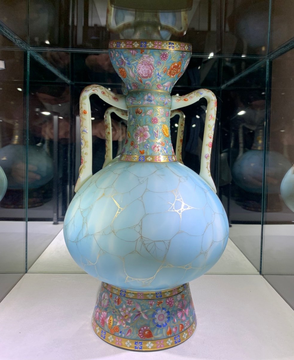 Rare Paire De Vase En Opaline Jaspé, Doublé Et émaillé, Manufacture Harrach Bohème Vers 1870-photo-4