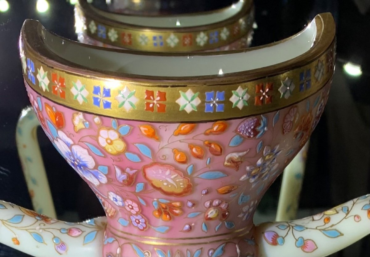 Rare Paire De Vase En Opaline Jaspé, Doublé Et émaillé, Manufacture Harrach Bohème Vers 1870-photo-2