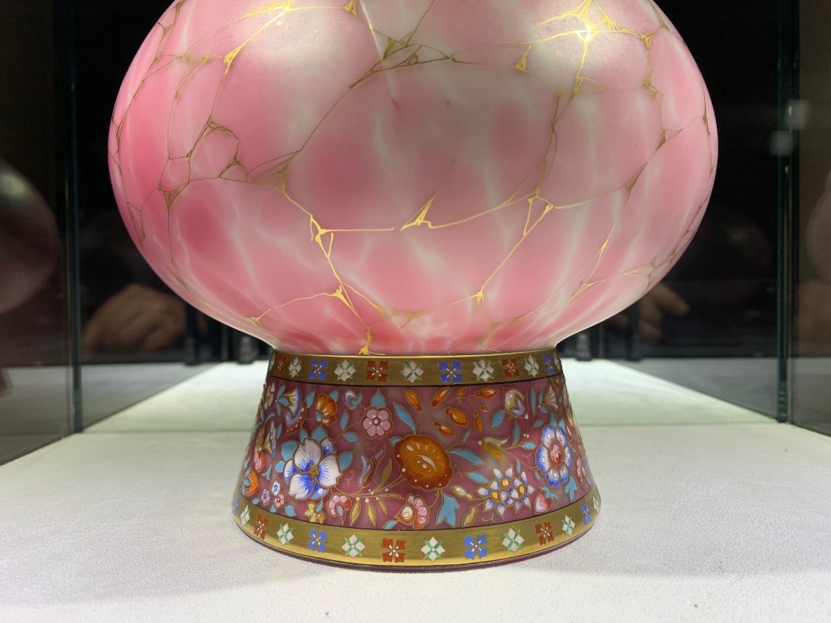 Rare Paire De Vase En Opaline Jaspé, Doublé Et émaillé, Manufacture Harrach Bohème Vers 1870-photo-3