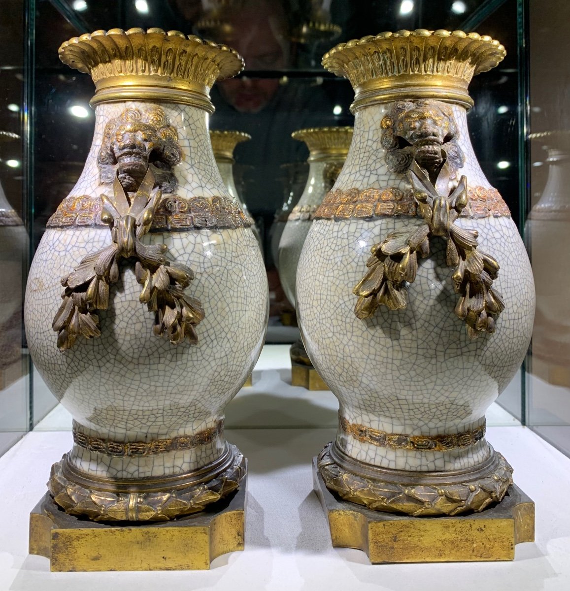 Pair Of Cracked Gray Celadon Vase Mounted Bronze, Mid-19th Century-photo-3