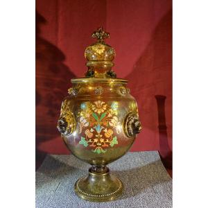 Enameled Smoked Glass Punch Bowl, Eastern European Work Circa 1890