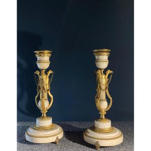 Rare Pair Of Lyre Candlesticks, France Louis XVI Period