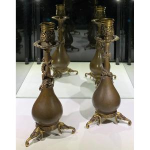 Pair Of Candlesticks With Dragon Design Attr To Edouard Lievre Circa 1870