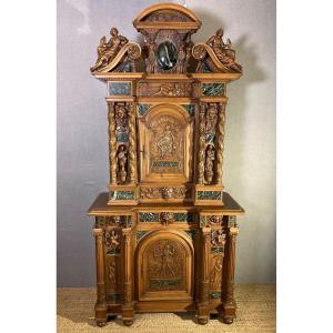 Magnificent Neo-renaissance Cabinet In Walnut And Marble, Fontainebleau School Circa 1860