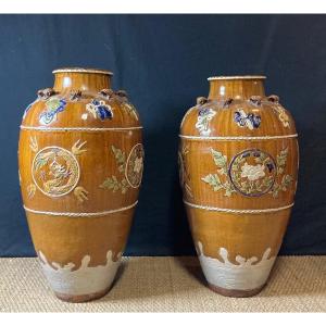 Pair Of Large Enameled Stoneware Jars, South East Asia Circa 1860