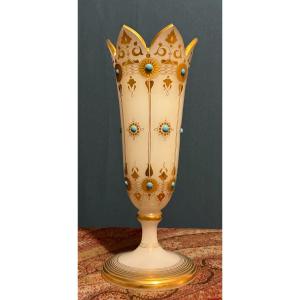 Opaline Crystal Trumpet Vase, Bohemian Style, Circa 1870