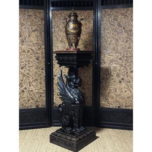 A Small Stand Depicting A Winged Lion, Made Of Blackened Wood, Circa 1870