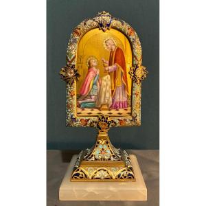 Plaque de dévotion en porcelaine émaillée, France vers 1880.