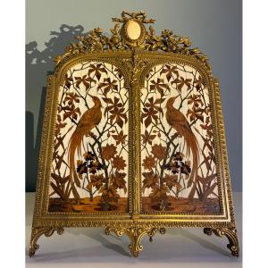 Miroir triptyque, marqueterie Duvinage et bronze doré, Maison Alphonse Giroux, circa 1877-1882