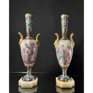 Pair Of Sèvres-style Vases In Porcelain And Champlevé Enamel, Signed Armand, Late 19th Century