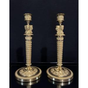 Pair Of Empire Period Chased And Gilt Bronze Torches Attributable To Claude Galle
