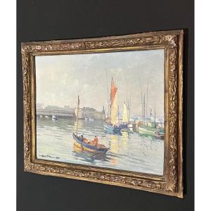 « Léopold PERNES (1912-1980) »: Vue du port de Concarneau, Huile sur toile XXé