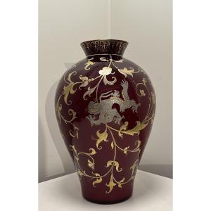 Ruby Vase With Platinum Dragon And Butterflies, Attributed To Jules Barbe For Thomas Webb, Circa 1880
