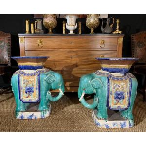 “four De Bien-hoa” Pair Of Elephants In Forming Bolster, Vietnam Circa 1920