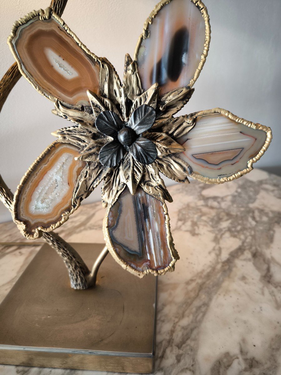 Lampe bronze laiton Deco 70 .vintage.chic.style Duval Brasseur.fleurs Agates.-photo-4