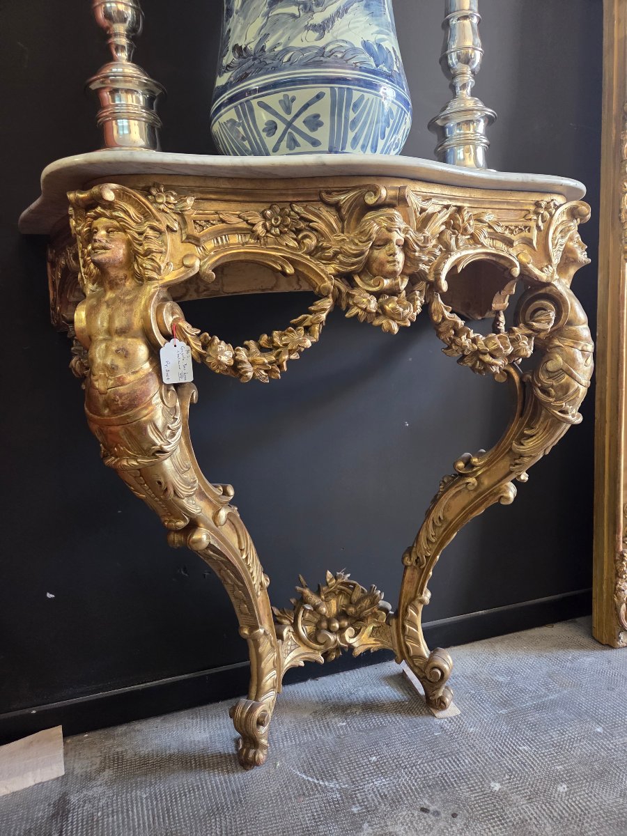 Console bois doré  Napoléon III marbre blanc