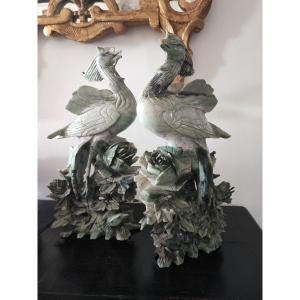 Pair Of Jadeite Sculptures Birds On Foliage China 20th