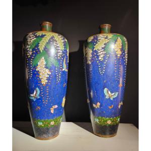 Paire De Vases Cloisonnés Japon Epoque Meiji 