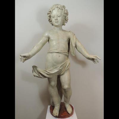 Putto en bois sculpté polychrome 107 cm - Italie 17ème siècle 