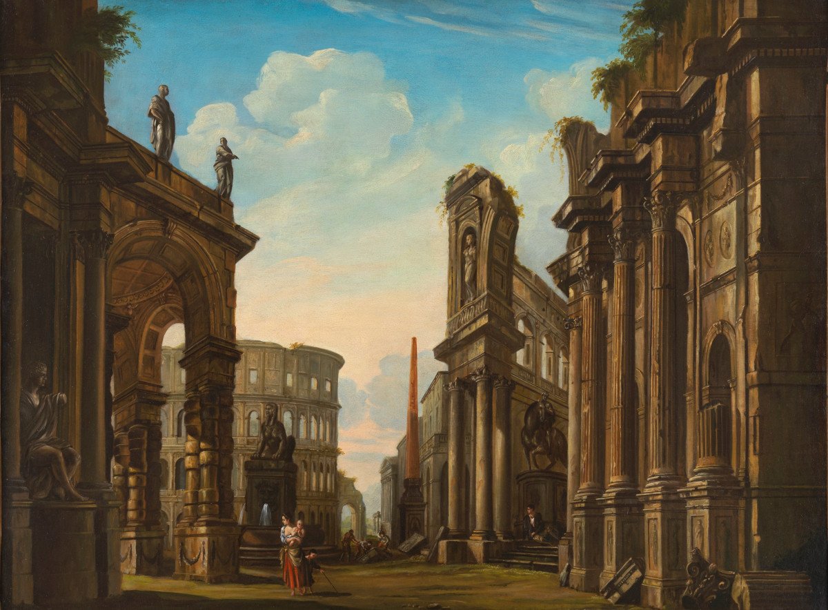 Roman Architectural Caprice – School Of Giovanni Paolo Panini 18th Century-photo-2