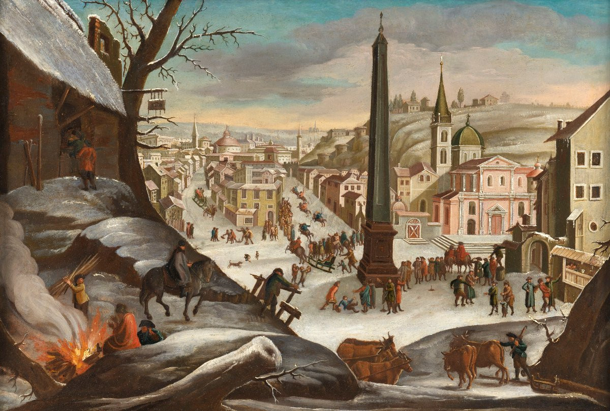 Fanciful View Of The Piazza Del Popolo In Winter – 17th Century Flemish School -photo-2