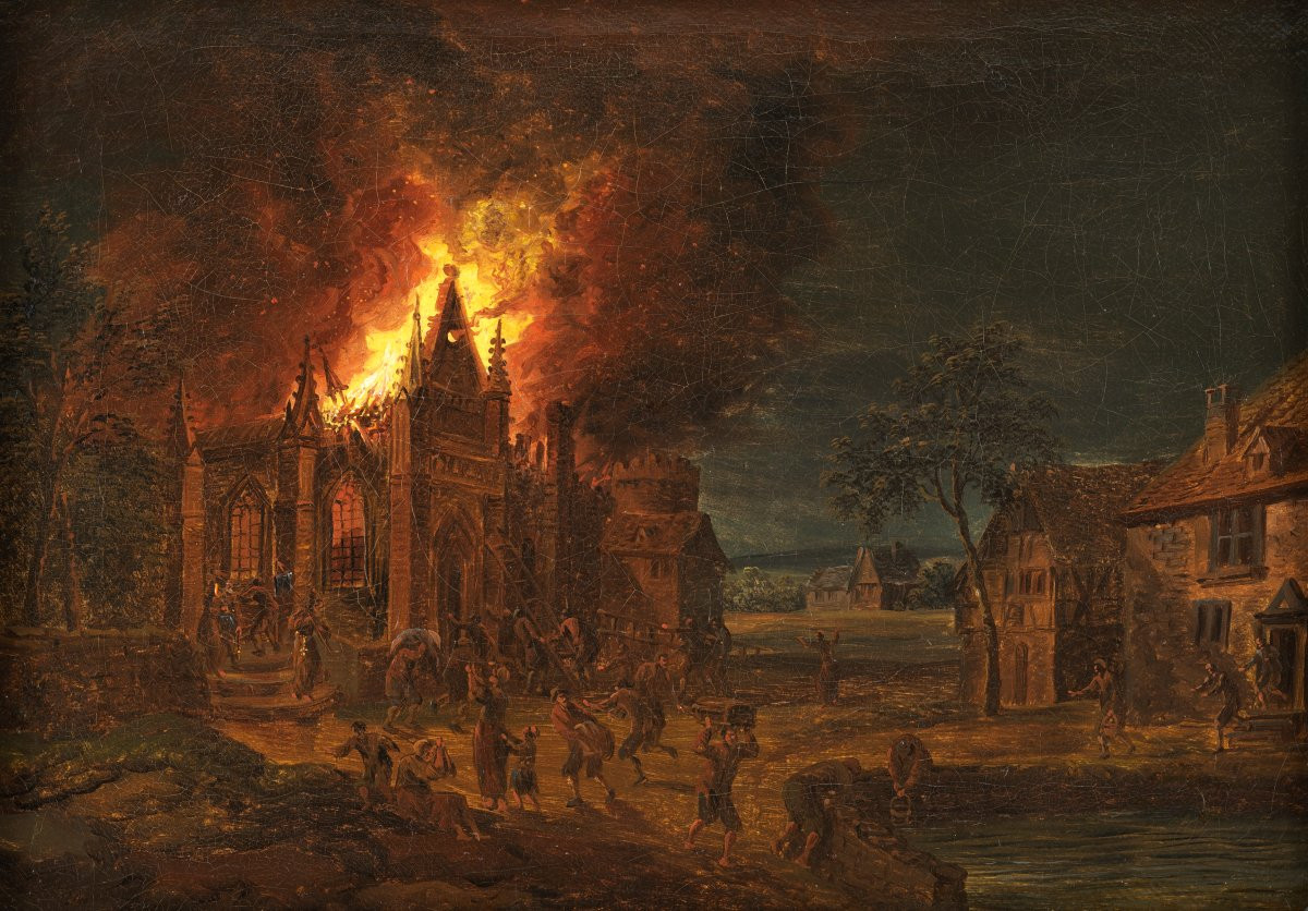 L’église en feu et l’incendie à la ferme – Attribué à Daniel van Heil (1604 – 1662)-photo-4