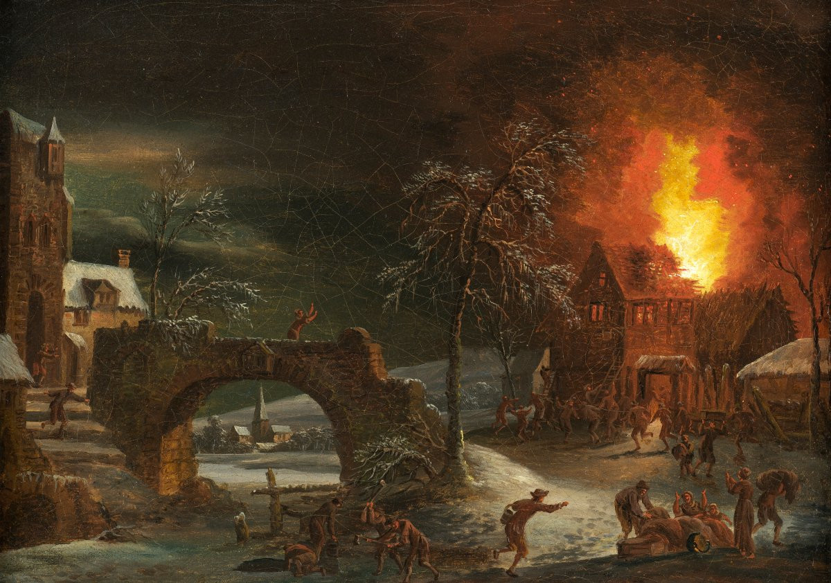 L’église en feu et l’incendie à la ferme – Attribué à Daniel van Heil (1604 – 1662)-photo-1