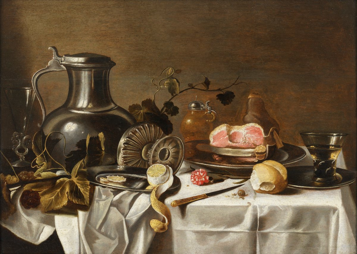 Nature morte au pichet, à la tazza d’argent, au jambon et à l’œillet. Atelier de Pieter Claesz -photo-2