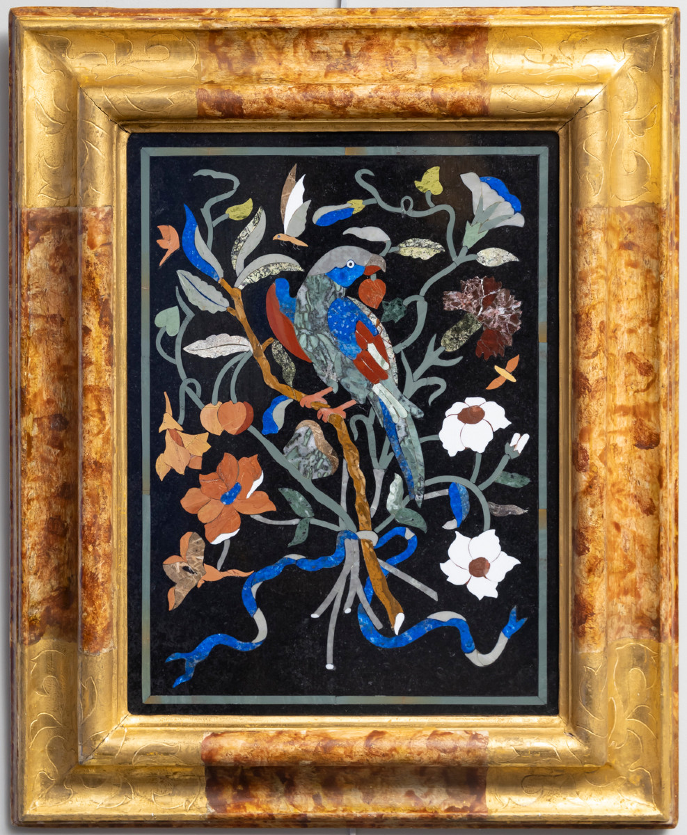 Les perroquets – Paire de tableaux en marqueterie de pierres dures-photo-2