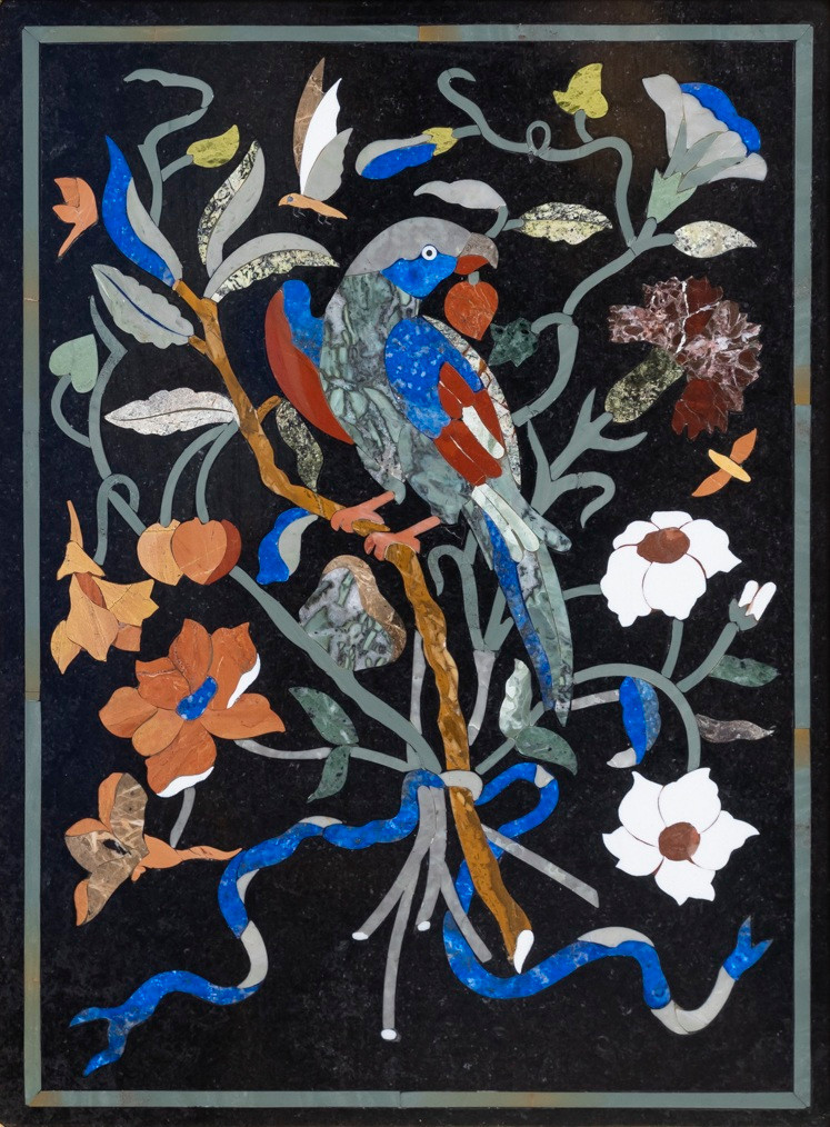 Les perroquets – Paire de tableaux en marqueterie de pierres dures-photo-3