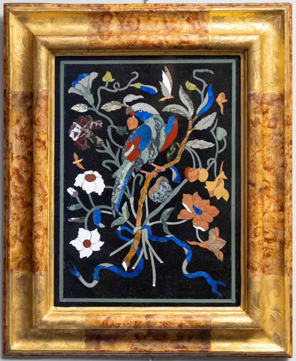 Les perroquets – Paire de tableaux en marqueterie de pierres dures-photo-1