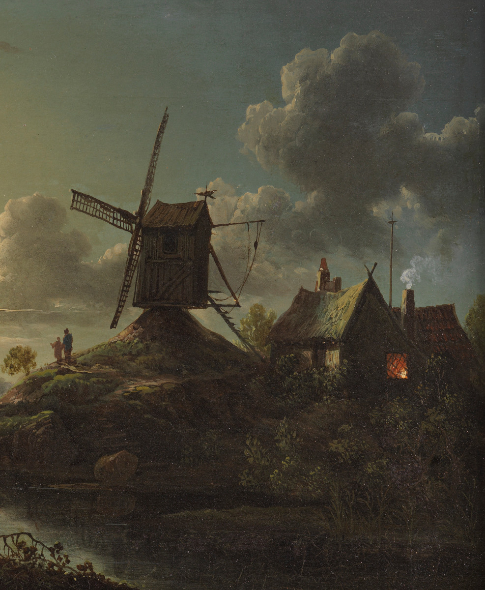 Paysage au clair de lune avec moulin, village et barque. Sebastian Pether (1793–1844)-photo-3