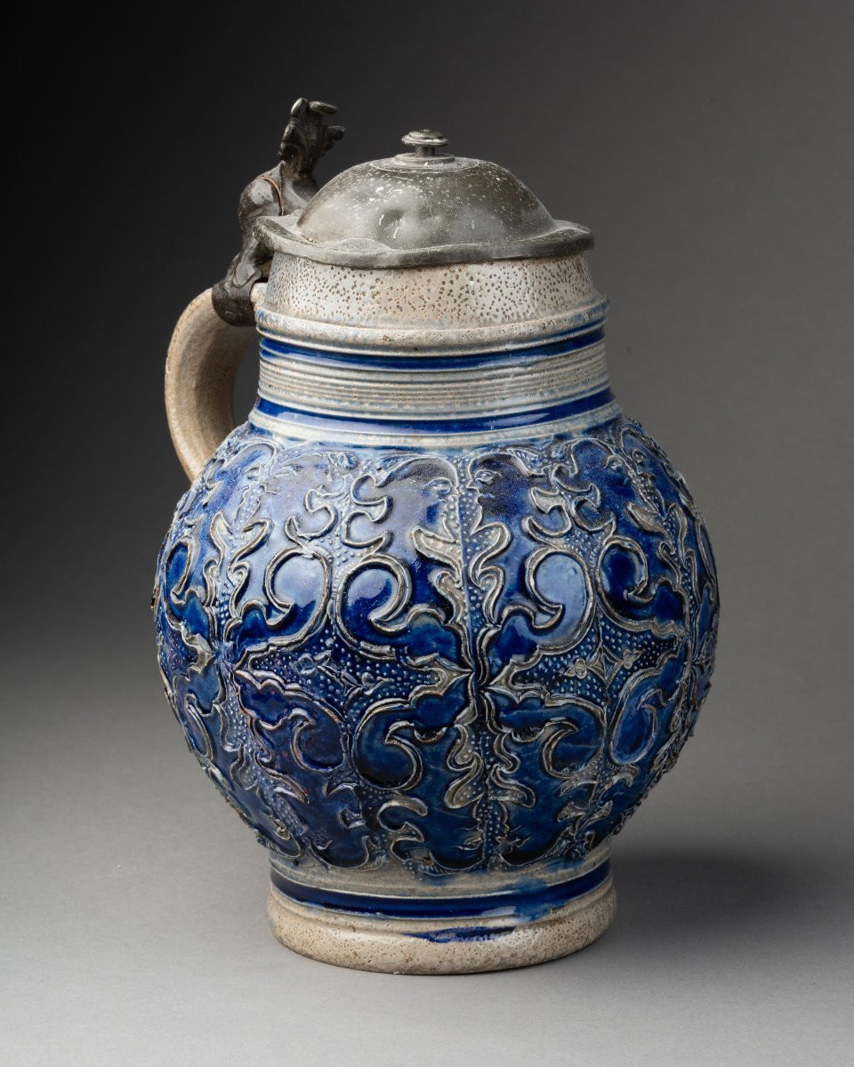 17th Century Blue Glazed Stoneware Pitcher-photo-2