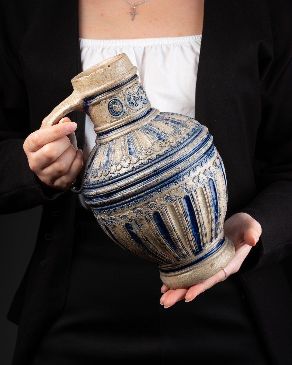 Large Glazed Stoneware Pitcher Or Jug, 17th Century-photo-3