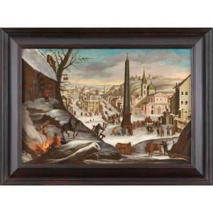 Fanciful View Of The Piazza Del Popolo In Winter – 17th Century Flemish School 