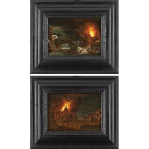 L’église en feu et l’incendie à la ferme – Attribué à Daniel van Heil (1604 – 1662)